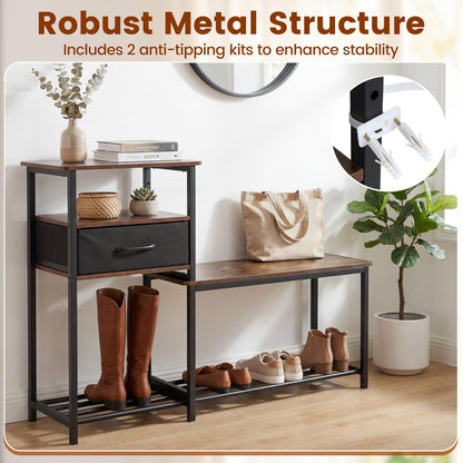 Goflame 3-Tier Industrial Shoe Storage Bench with Drawer & Metal Frame