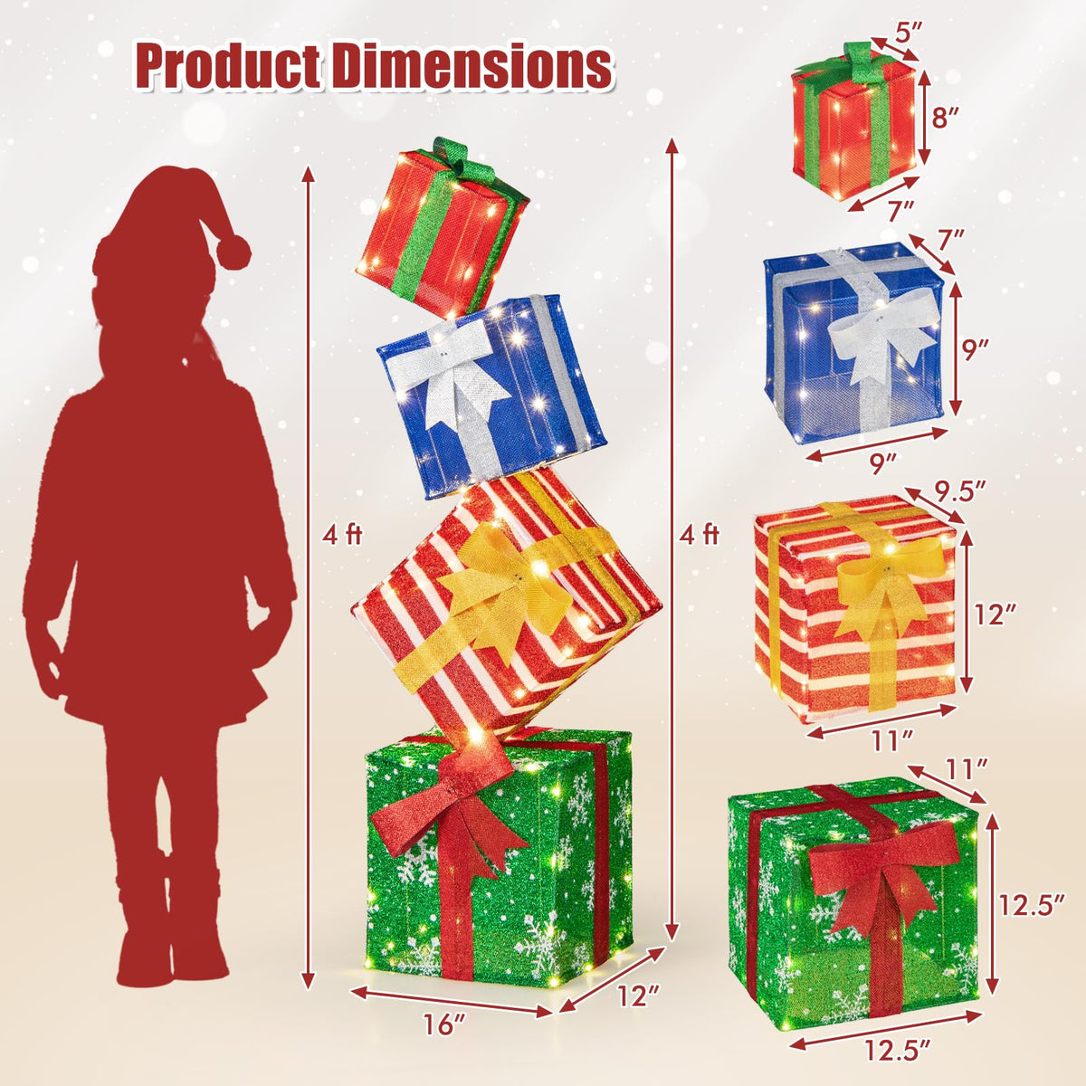 Goflame Lighted Gift Boxes, Set of 4 Stackable Pre-lit Box Decorations with Warm White LED Lights & Pre-Assembled Ribbons