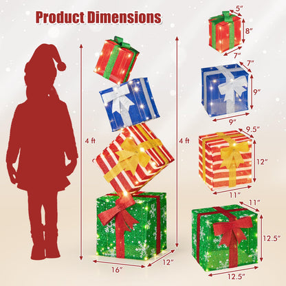 Goflame Lighted Gift Boxes, Set of 4 Stackable Pre-lit Box Decorations with Warm White LED Lights & Pre-Assembled Ribbons