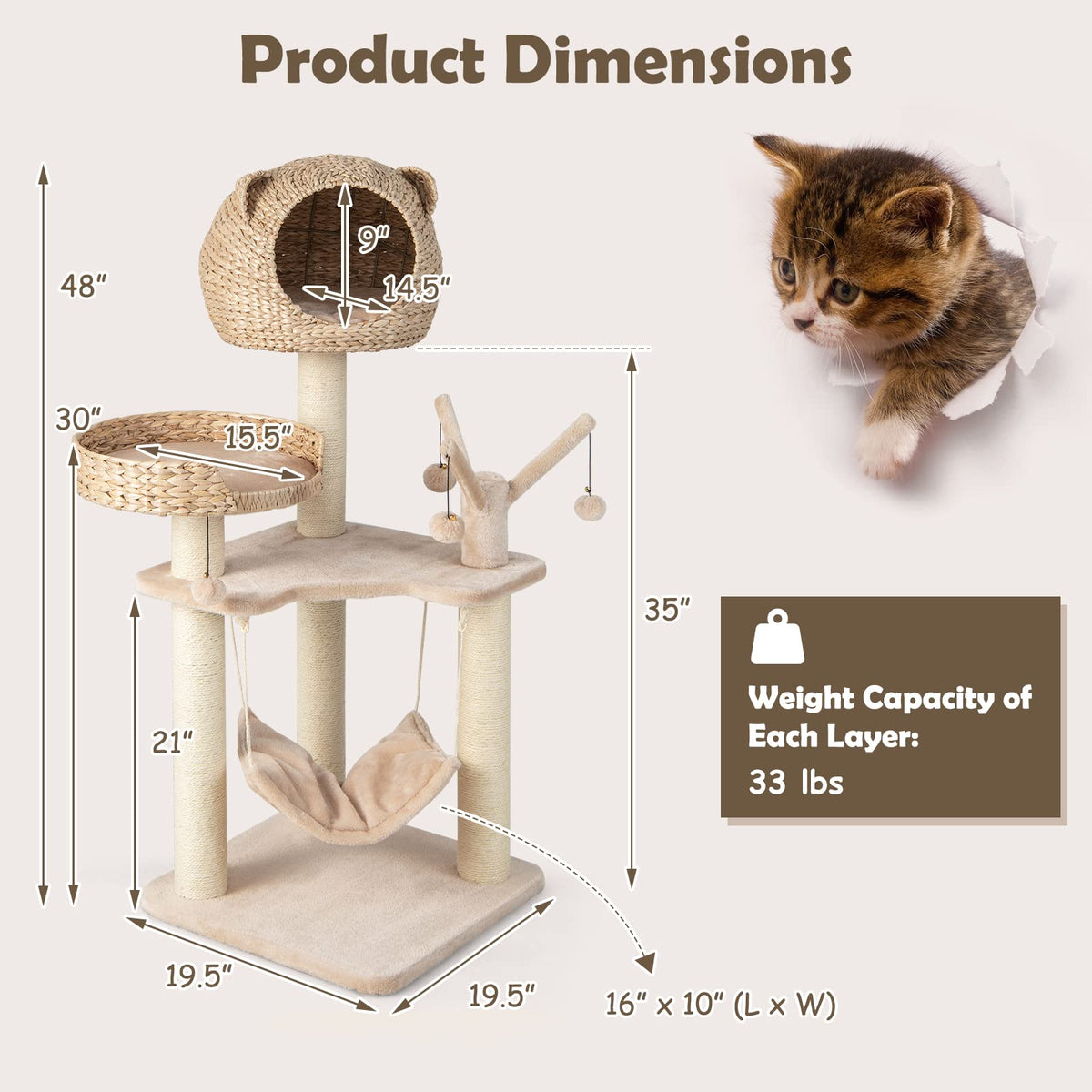 Goflame Wooden Cat Tree, 48 inches Cat Tower with Cattail Condo, Cat Bed, Hammock, Rotatable Jingling Balls
