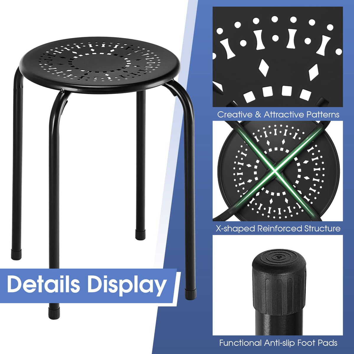 Goflame Round Metal Stool Set of 6-17.5" Height Stackable Stool with Anti-Slip Foot Pads