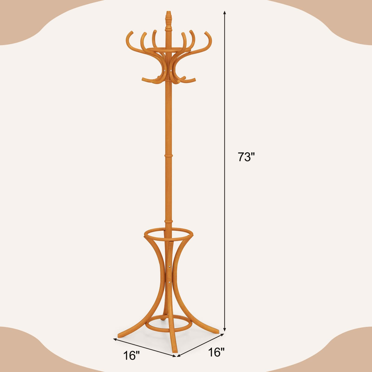 Goflame Solid Wood Coat Rack, Freestanding Hall Tree w/12 Hooks, Umbrella Holder, Entryway Hanger Stand for Coat