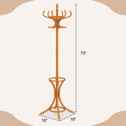 Goflame Solid Wood Coat Rack, Freestanding Hall Tree w/12 Hooks, Umbrella Holder, Entryway Hanger Stand for Coat