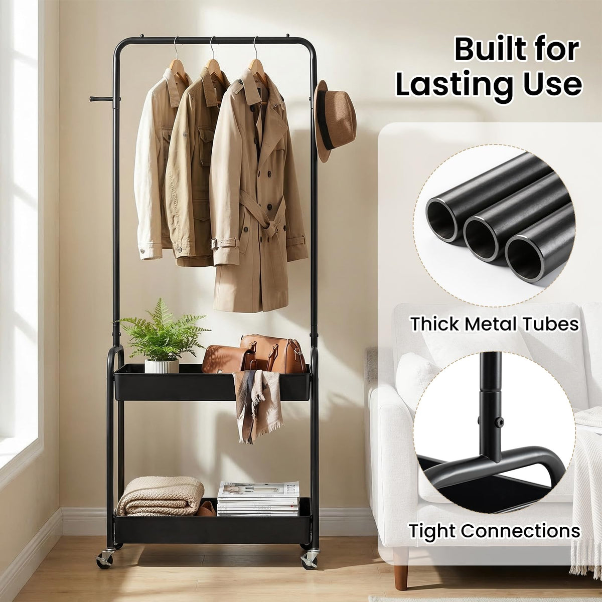 Goflame Heavy-Duty Rolling Clothes Rack with 2 Storage Baskets & Side Hooks
