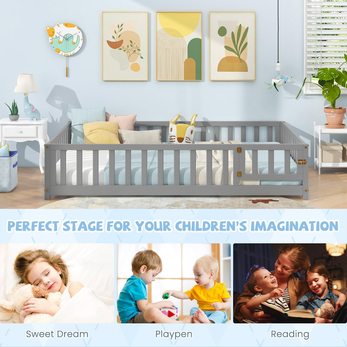 Goflame Full Size Floor Bed for Kids, Montessori Floor Bed with Wood Slats & Safety Guardrails