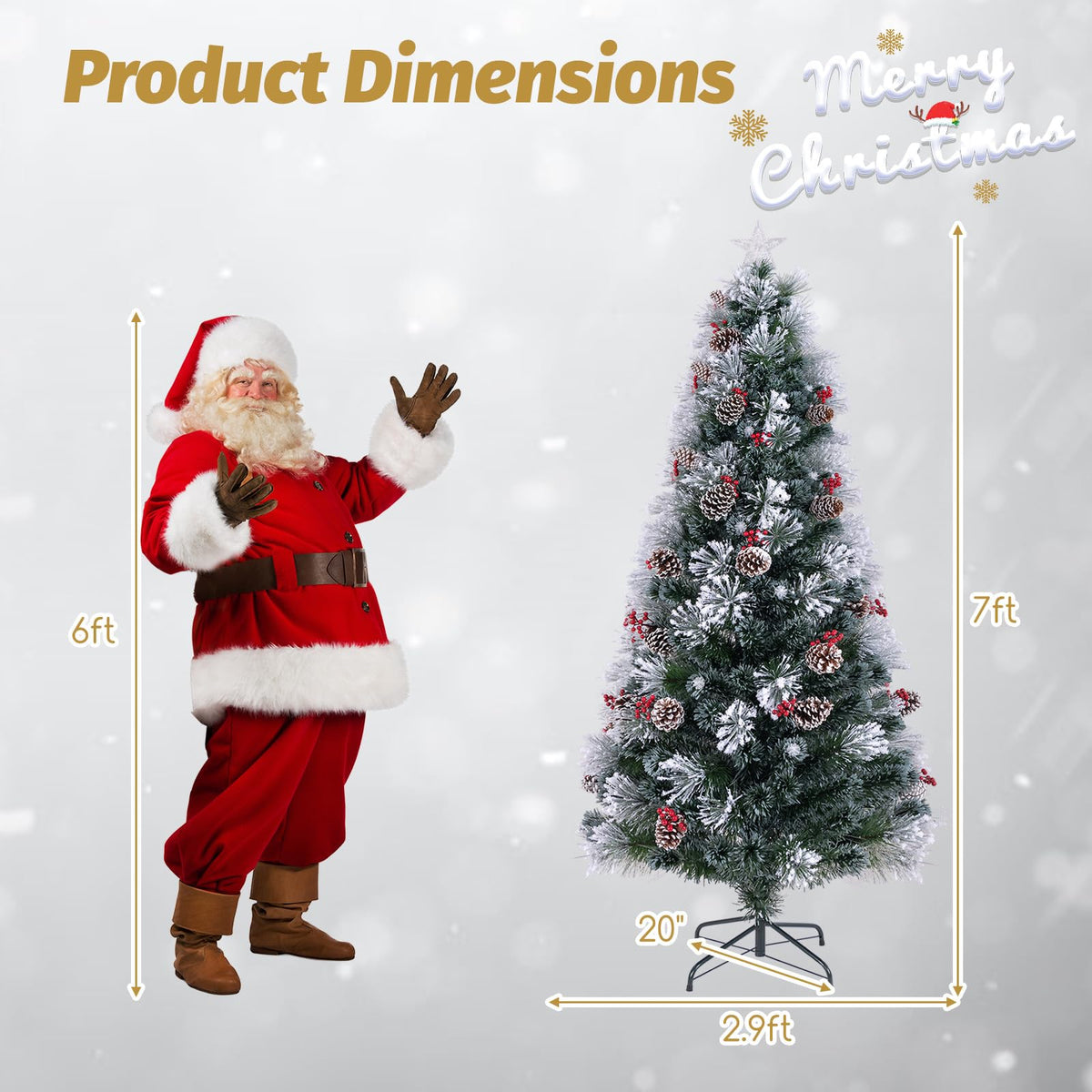 Goflame Pre-lit Fiber Optic Christmas Tree, Artificial Snowy Xmas Tree with 49 Cool White LED Lights