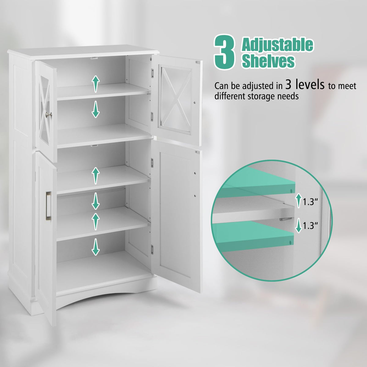 Goflame Bathroom Floor Storage Cabinet - Linen Floor Cabinet with Doors and Adjustable Shelves
