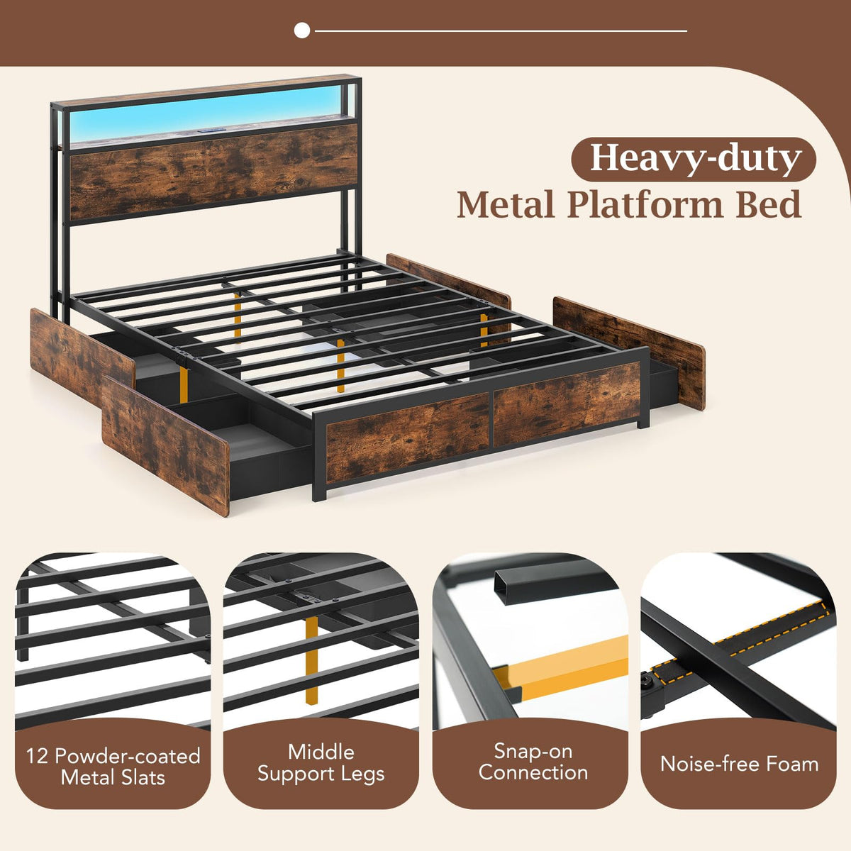 Goflame Queen/Full Size LED Bed Frame with Charging Station & 4 Storage Drawers
