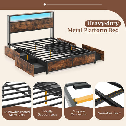 Goflame Queen/Full Size LED Bed Frame with Charging Station & 4 Storage Drawers