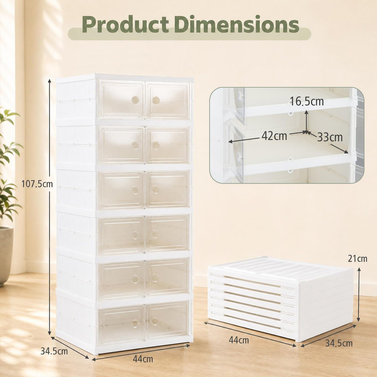 GOFLAME 6-Tier Foldable Shoe Storage Box Fits 12 Pairs No Assembly