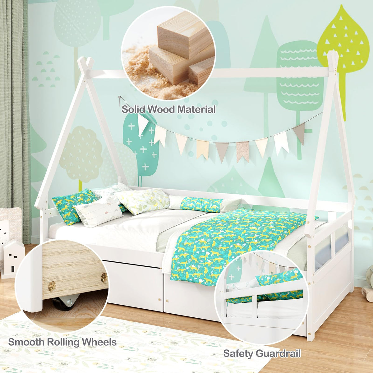 Goflame Twin Bed with 2 Storage Drawers, Wood Montessori House Tent Bed Frame with Safety Guardrail