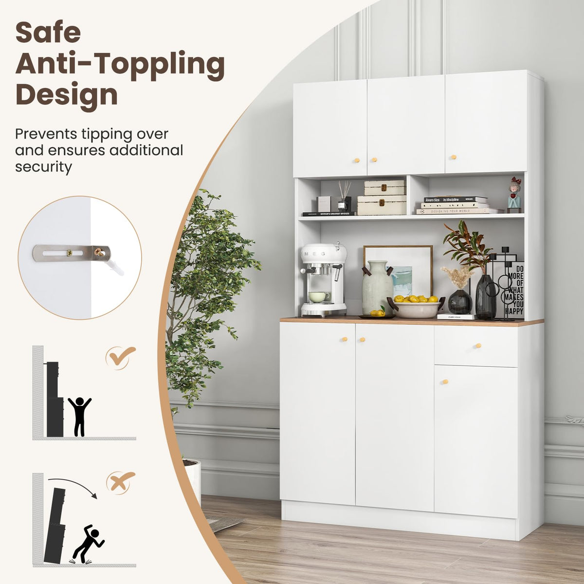 Goflame Kitchen Pantry Cabinet, 71” Tall Buffet Cabinet with Hutch, Built-in Power Outlet