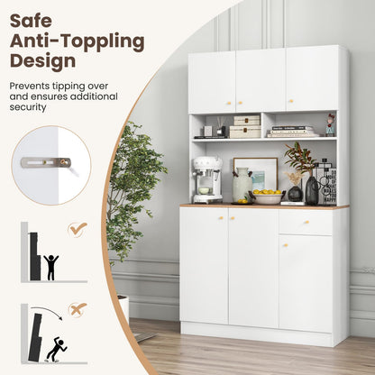 Goflame Kitchen Pantry Cabinet, 71” Tall Buffet Cabinet with Hutch, Built-in Power Outlet