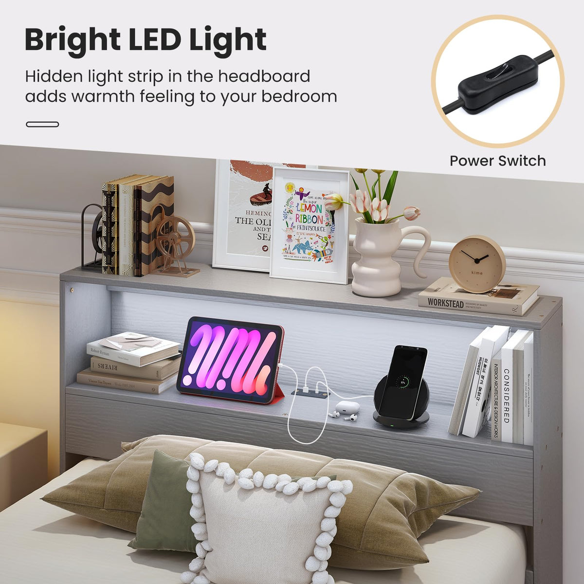 Goflame Twin Bed Frames with Storage Headboard, Wood Platform Bed with Charging Station & LED Light