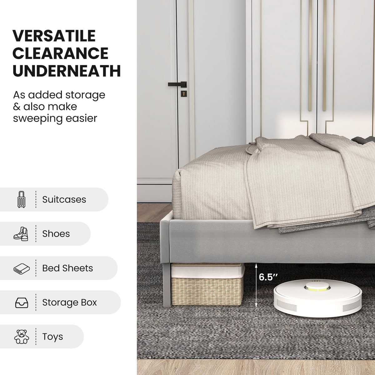 Goflame Full Size Velvet Bed Frame with Headboard, Modern Upholstered Platform Bed, No Box Spring Needed, Black & Gray