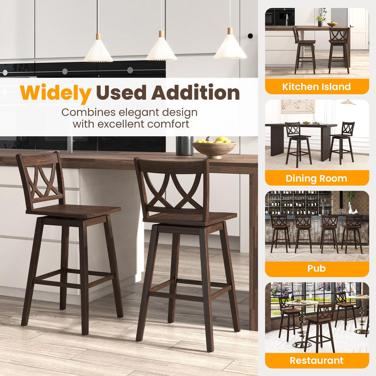 Goflame 29" Bar Stools Set of 2/4, Swivel Wooden Bar Chairs with Rubber Wood Frame, for Kitchen Island, Restaurant & Pub, Dark Grey