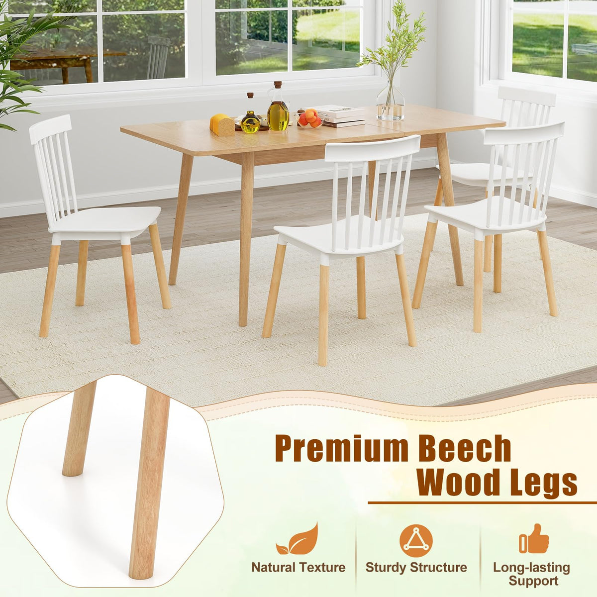 Goflame Set of 4 Windsor Dining Chairs White, Modern Kitchen Chairs w/Spindle Backs & Curved Seats