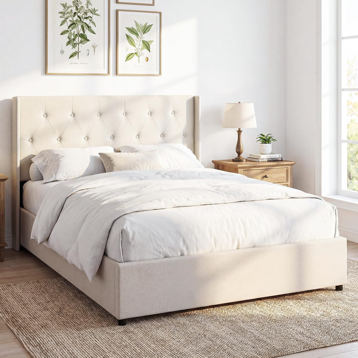 Goflame Modern Linen Upholstered Platform w/Button Tufted Wingback Headboard & Hydraulic Support