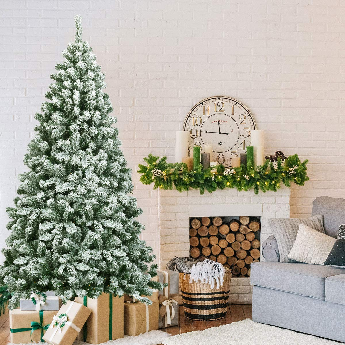 Goflame Snow Flocked Christmas Tree, Artificial Hinged Pine Tree - GoflameUS