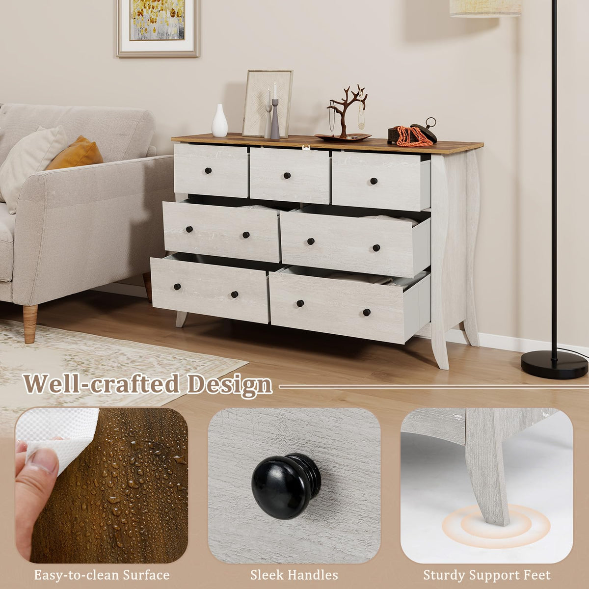 Goflame Storage Cabinet with Foldable & Detachable Fabric Drawers, Anti-Tipping Kit, 47” x 15” x 30.5” Farmhouse Floor Cabinet