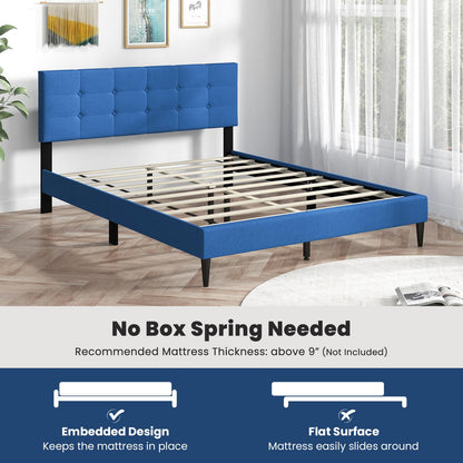 Goflame Queen/Twin Size Platform Bed Frame with Button Tufted Headboard and Wooden Slats