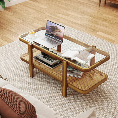 Goflame Rattan Coffee Table, 47.5" Rectangle Solid Wood Tea Table w/Tempered Glass Tabletop