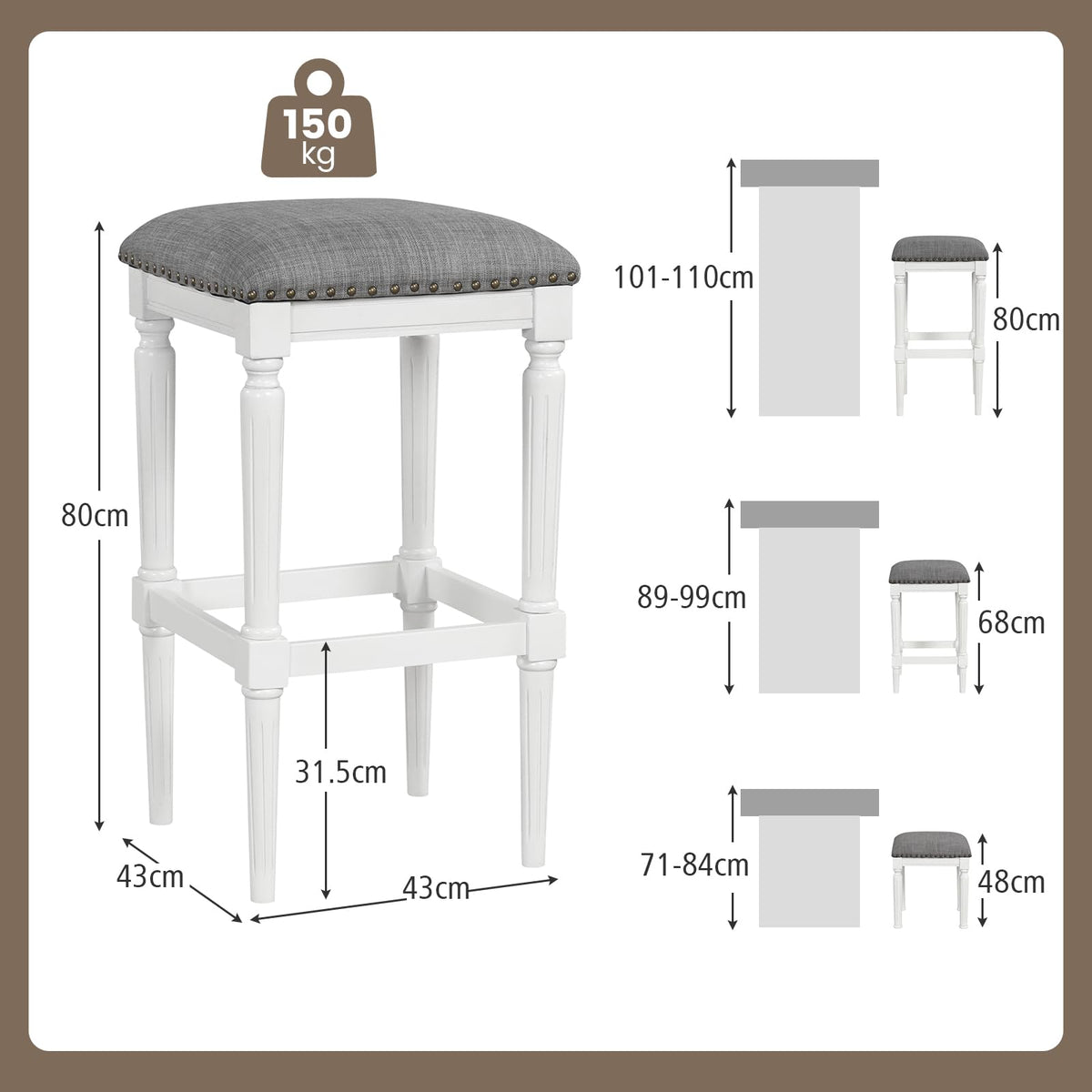 Goflame Bar Stools Set of 2, 3-Height Adjustable 19"/27"/31" Wood Barstools with Padded Seat