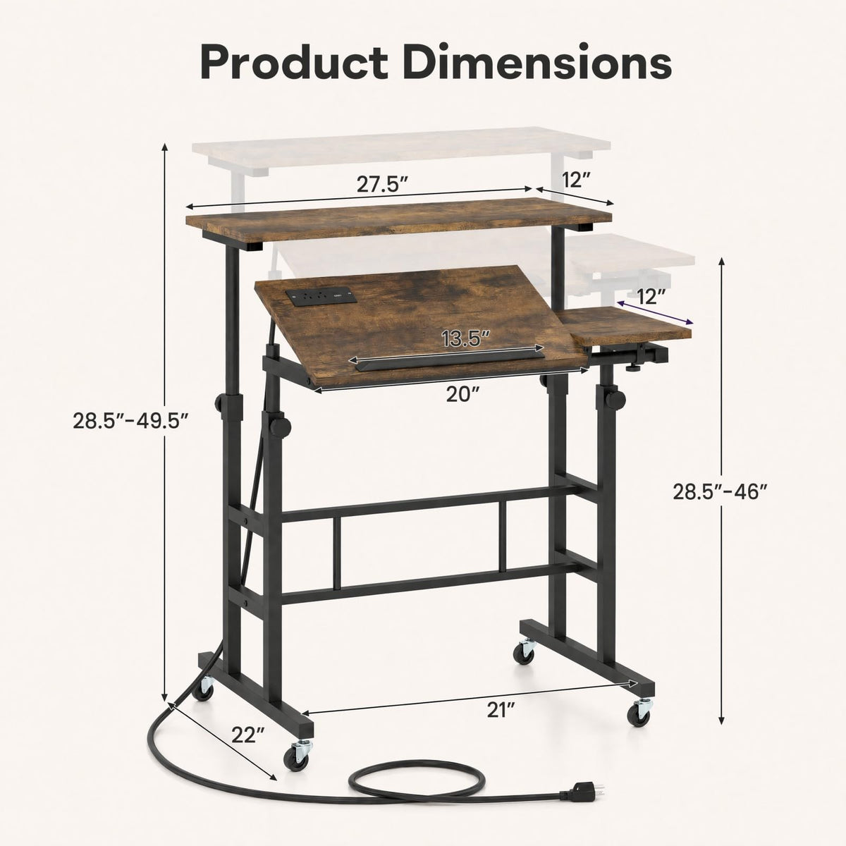 GOFLAME Small Height Adjustable Standing Desk with Wheels