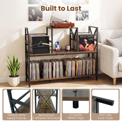 Goflame Large Record Player Stand with Charging Station & Dividers for Albums