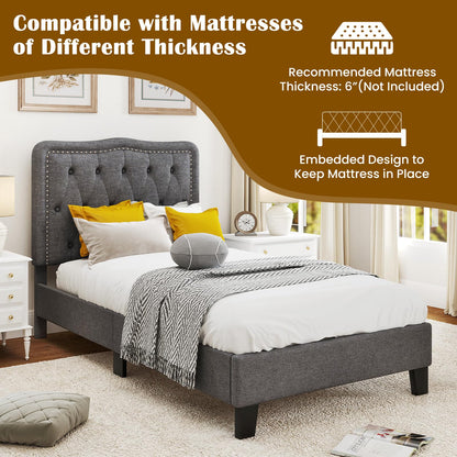 Goflame Twin Size Bed Frame, Modern Linen Upholstered Platform Bed w/ 46" Tall Button Tufted Headboard