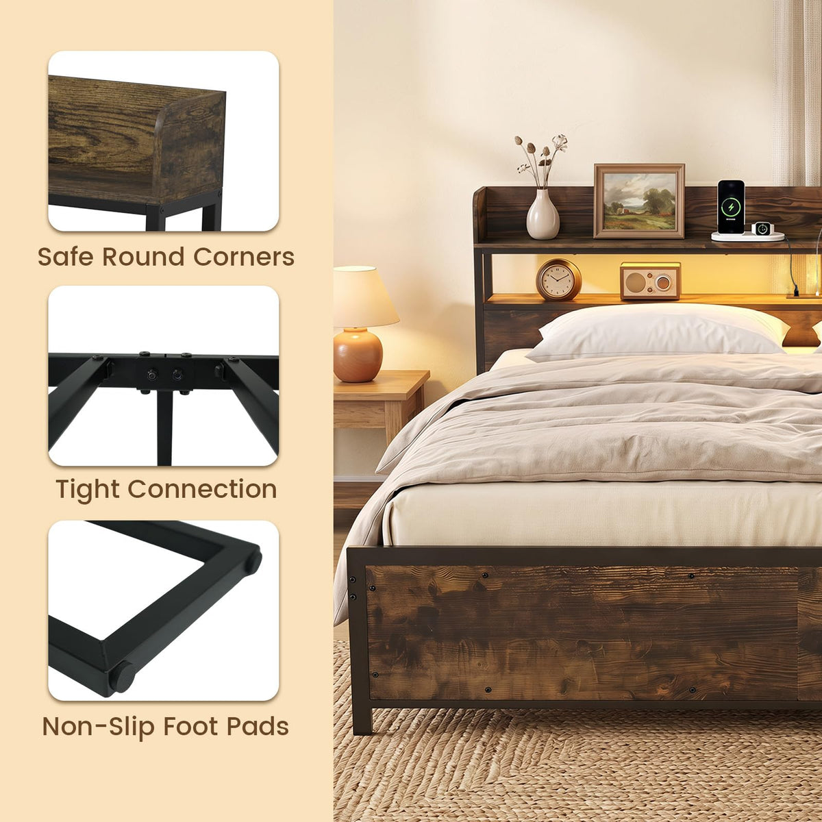 Goflame King Size Bed Frame with Storage Headboard