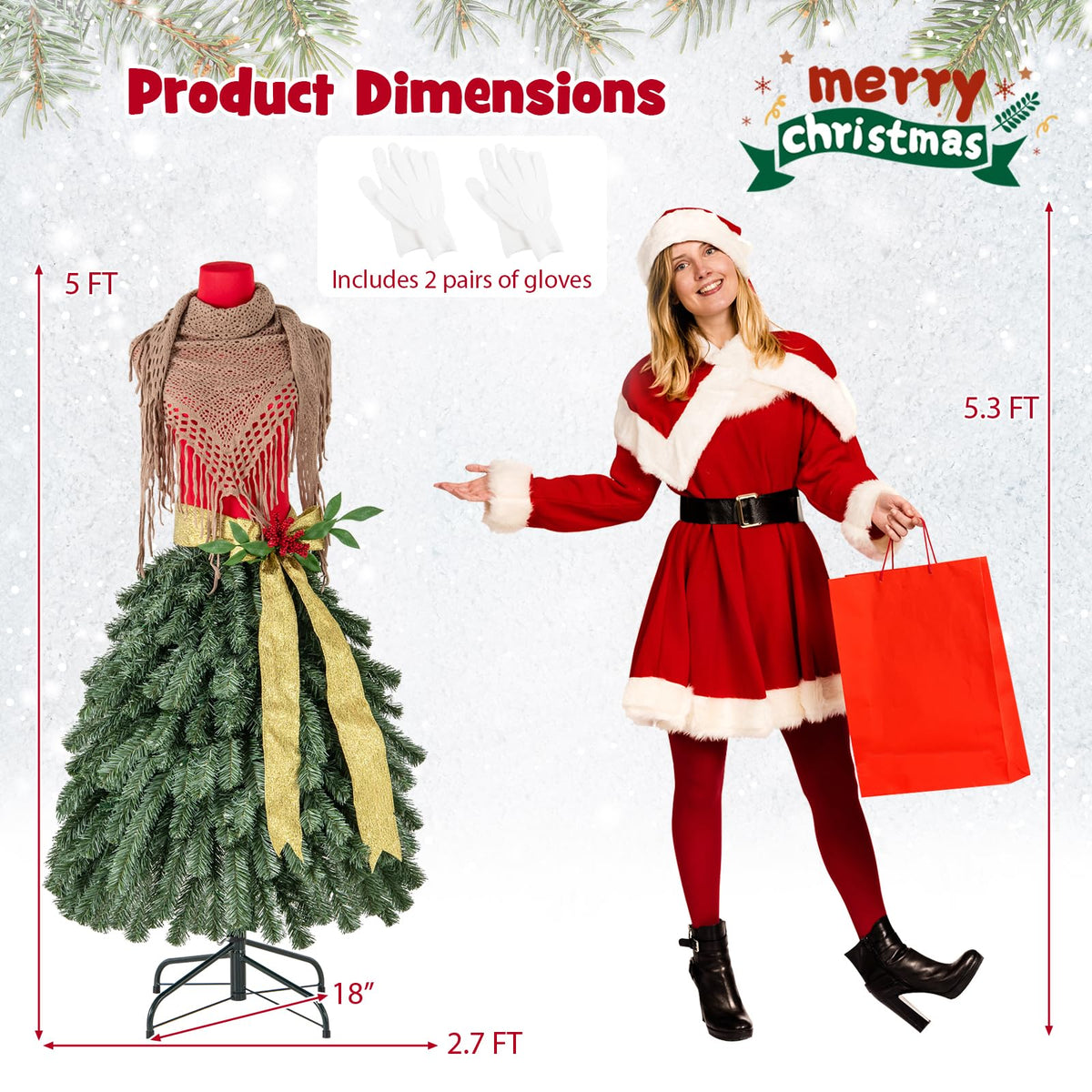 Goflame 5ft Pre-Lit Dress Form Christmas Tree with Female Mannequin Torso & Scarf