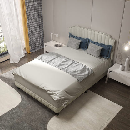 Goflame Queen/Full/Twin Size Upholstered Bed Frame, Linen Platform Bed w/Rivet Headboard, Heavy Duty Mattress Foundation