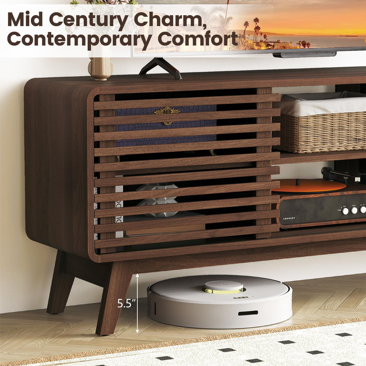 Goflame TV Stand for 60/65 Inch TV | Mid-Century Modern Entertainment Center with Storage Cabinet