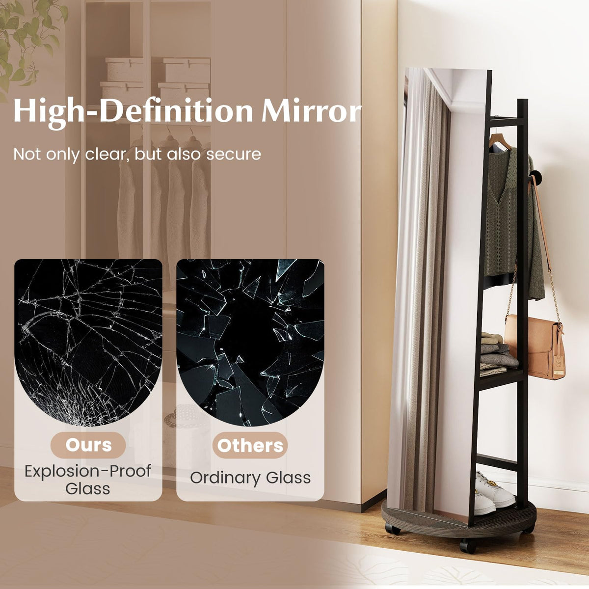 GOFLAME Full Length Mirror with Coat Rack & Storage Hanger