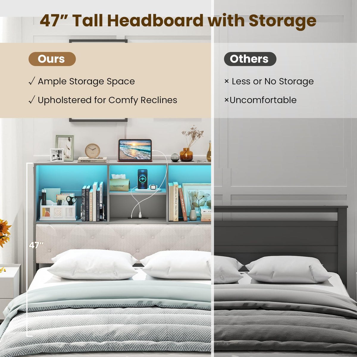Goflame Gray Full Size Bed Frame with Upholstered Bookcase Headboard