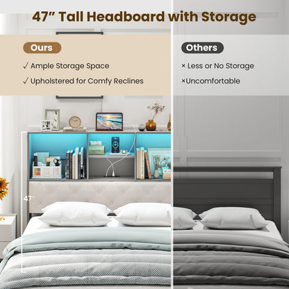 Goflame Gray Full Size Bed Frame with Upholstered Bookcase Headboard