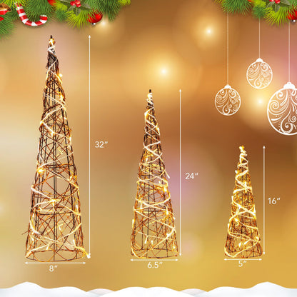 Goflame Set of 3 Large Christmas Cone Trees, 32” 24” 16” Indoor Christmas Trees w/Warm White LED Lights