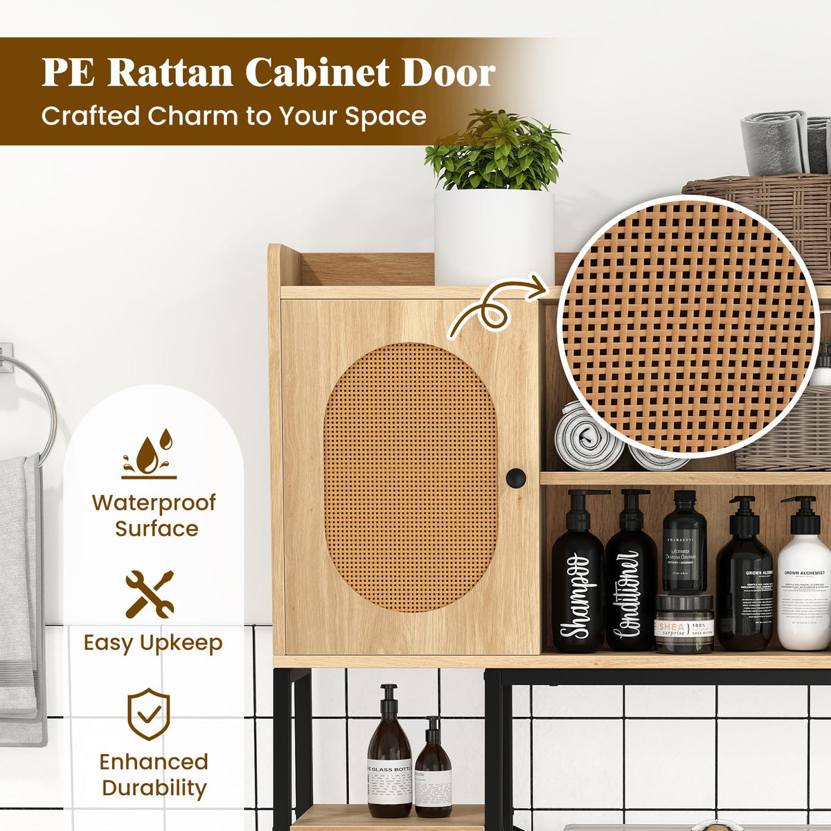 Goflame Over The Toilet Storage Cabinet, Freestanding Storage Organizer Above Toilet with PE Rattan Door and Adjustable Shelf
