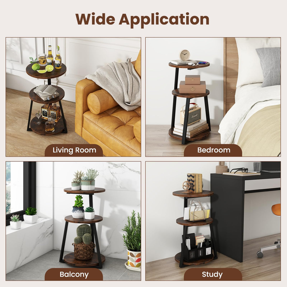 Goflame Round End Table, Industrial Side Table with Sturdy Metal Frame, Coffee Table, 3-Tier Bedside Table for Bedroom, Living Room