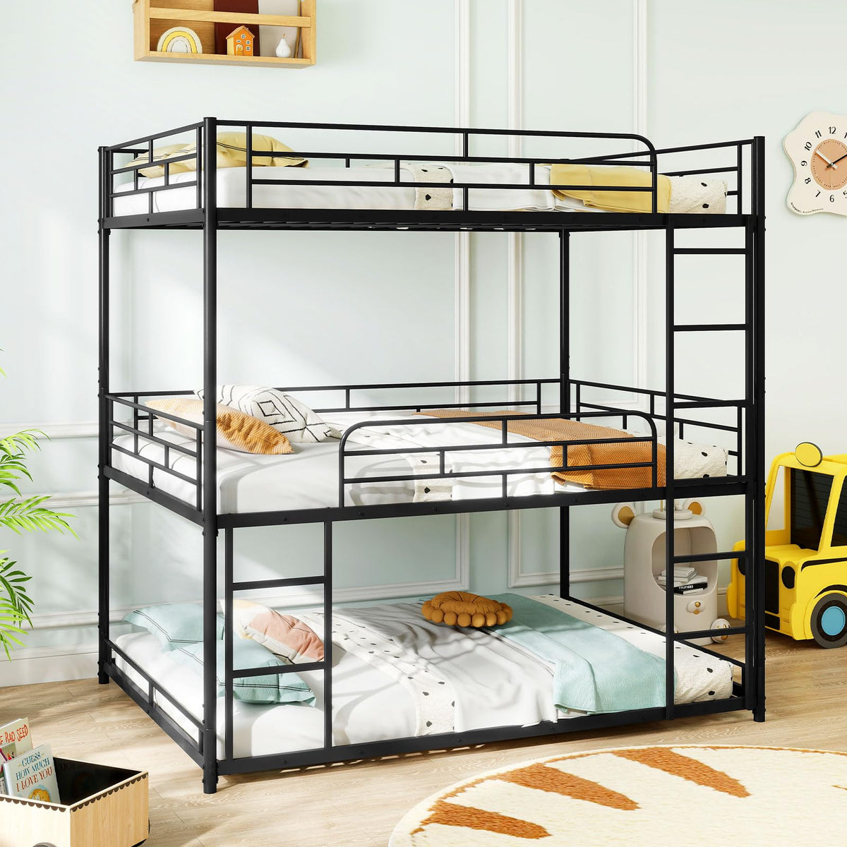Goflame Metal Full Over Full Over Full Bunkbeds with Safety Guardrails & 2 Ladders