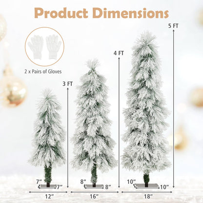 Goflame 3' 4' 5' Pre-Lit Snow Flocked Christmas Tree Set of 3 | Holiday Seasonal Decor