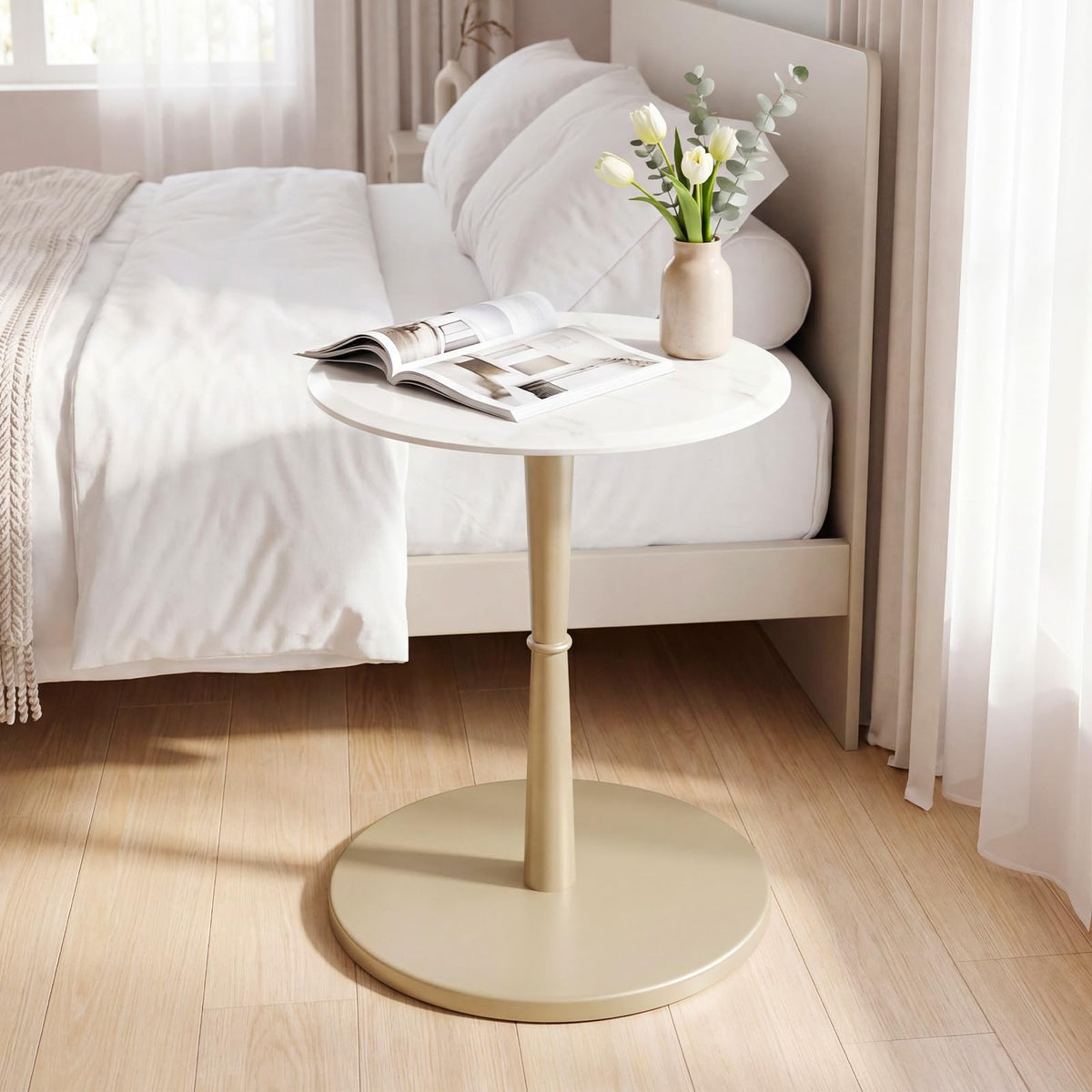 Goflame Round Marble Side Table w/Stone Finish & Wooden Pedestal (1/2)