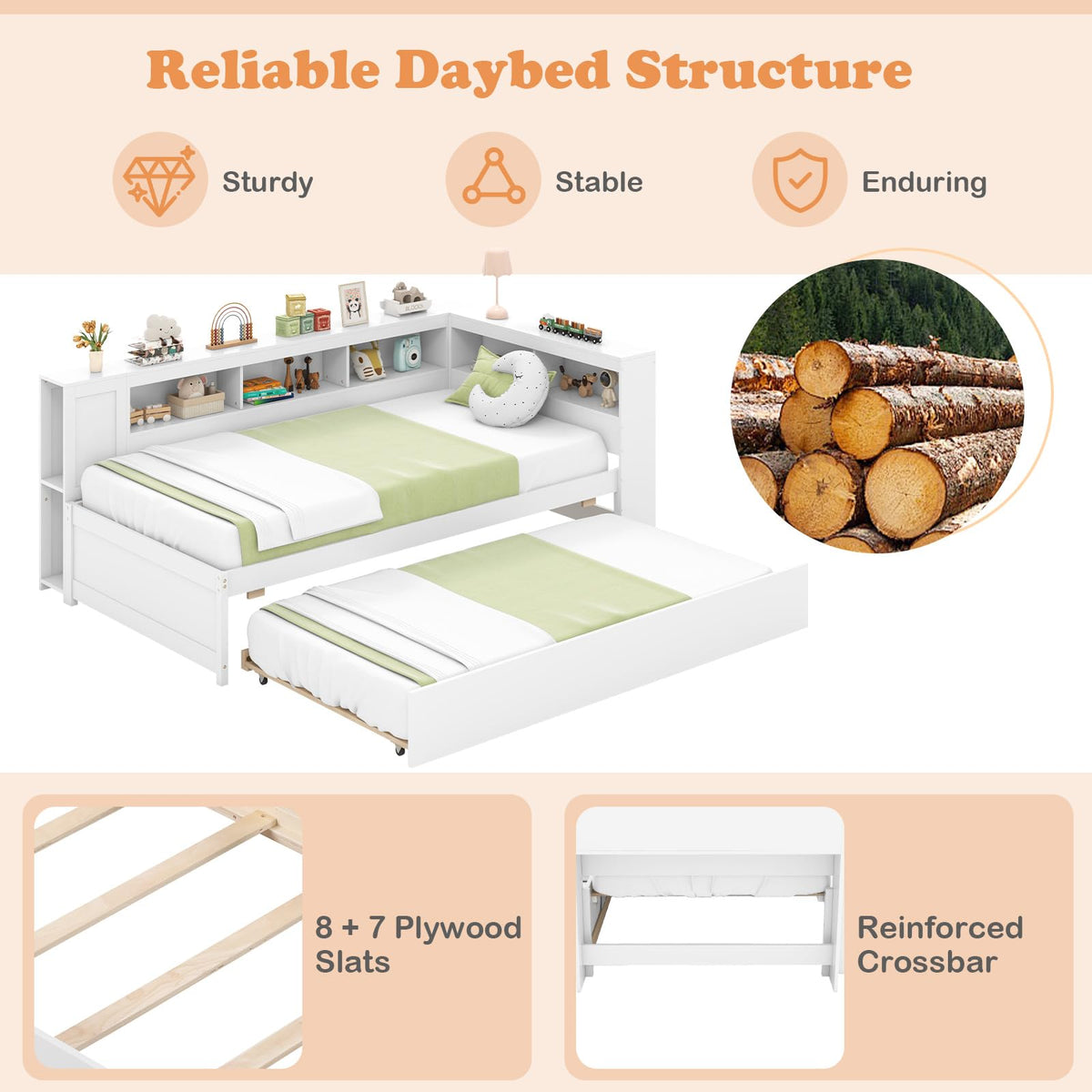 Goflame Twin Daybed with Trundle, Wood Twin Bed Frames with Storage Headboard, Reversible Bookcase