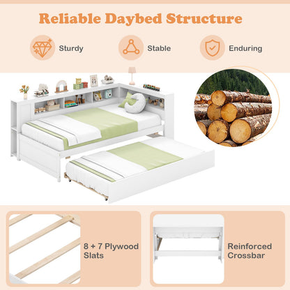 Goflame Twin Daybed with Trundle, Wood Twin Bed Frames with Storage Headboard, Reversible Bookcase