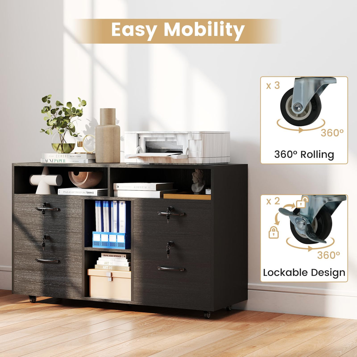 Goflame 4-Drawer Lateral File Cabinet with Lock & 5 Rolling Wheels (2 Lockable)