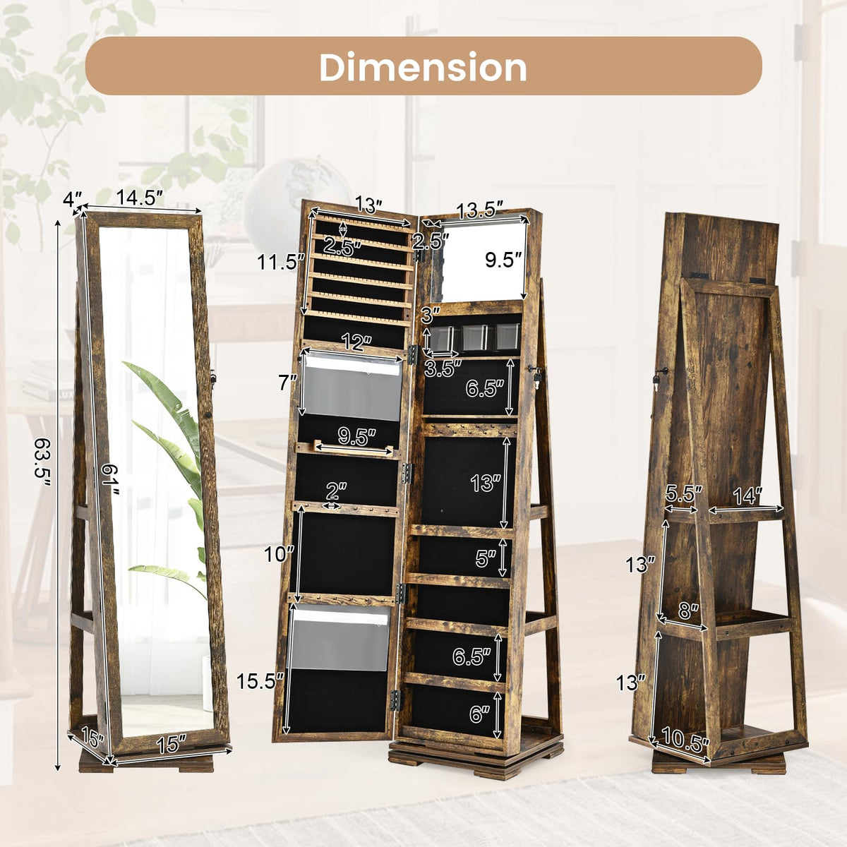 GOFLAME 360° Rotating Jewelry Armoire with Rear Storage Shelves