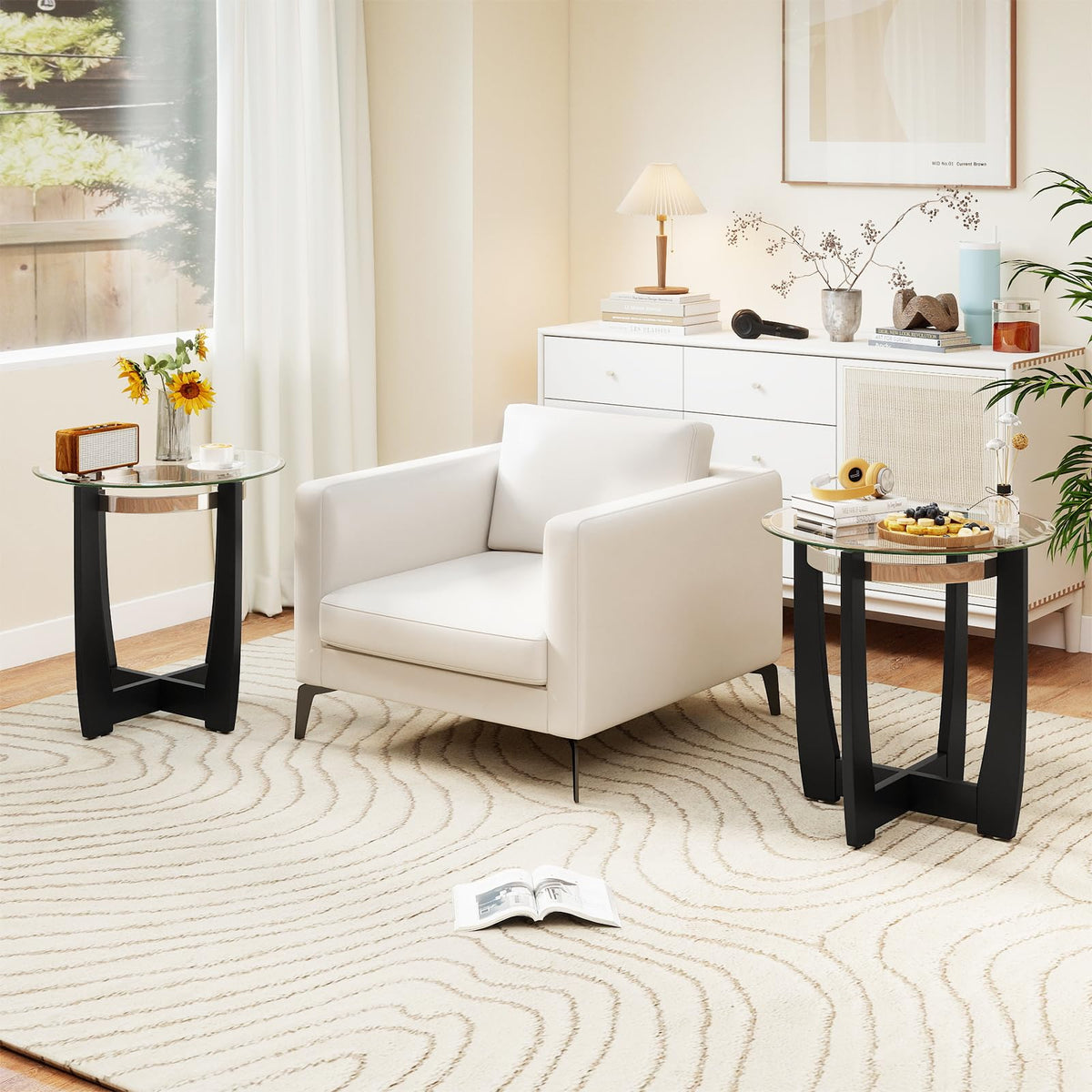 Goflame Round Glass End Table - 24’’ Side Table with Tempered Glass Top