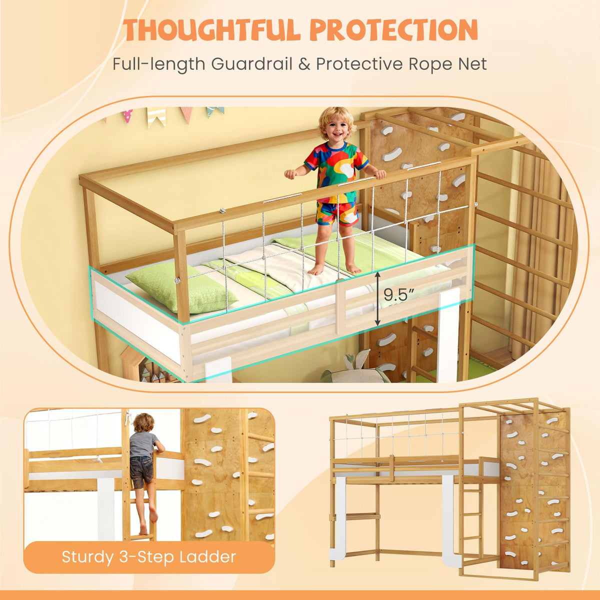 Goflame Twin Bunk Bed with Jungle Gym Wooden Loft Bed with Climbing Ladder