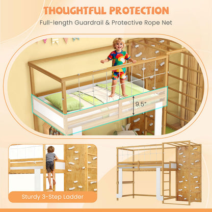 Goflame Twin Bunk Bed with Jungle Gym Wooden Loft Bed with Climbing Ladder